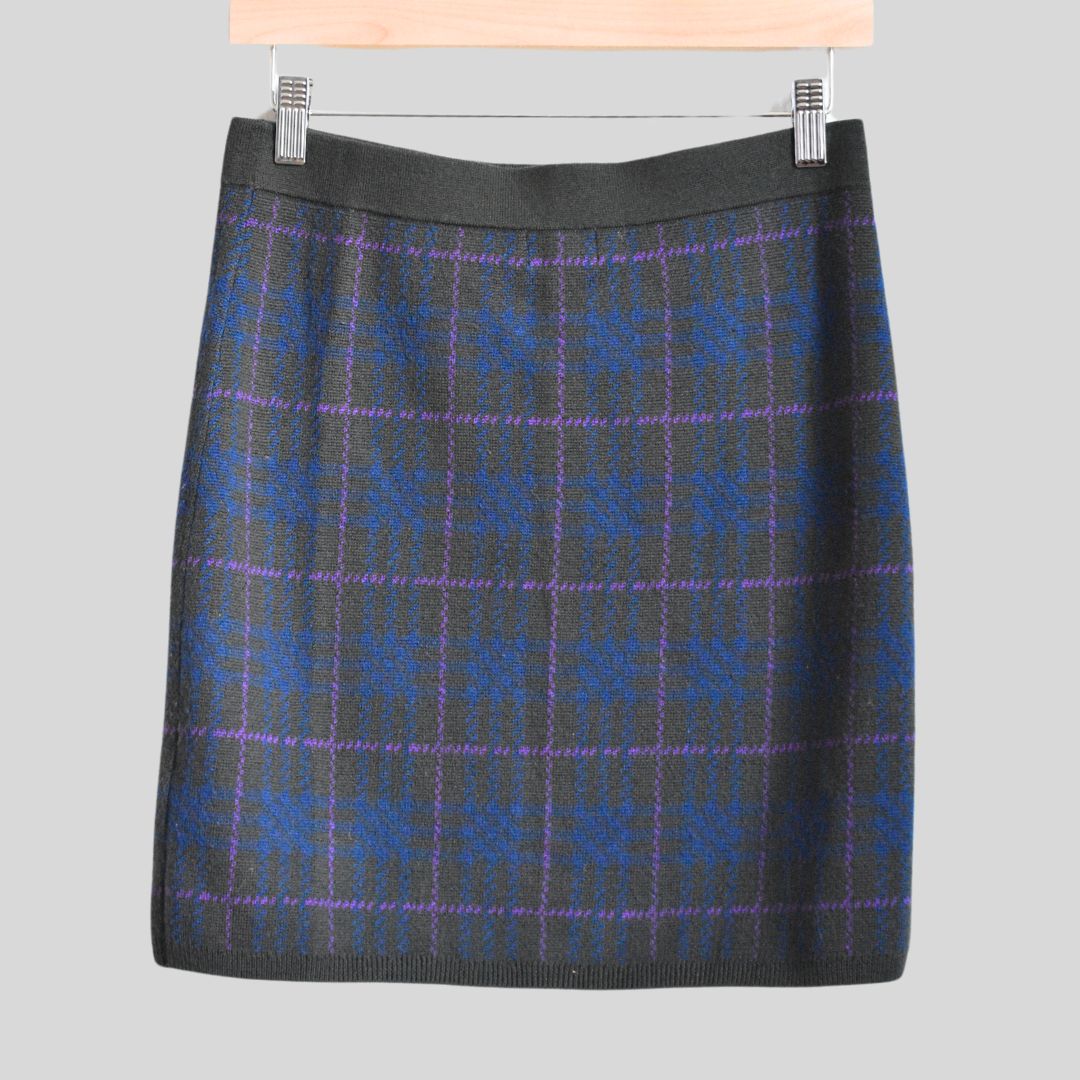 Jigsaw 100% Wool Knit Plaid Mini Skirt Gray Blue Plaid Pull On Stretchy Size M — image 2 of 8
